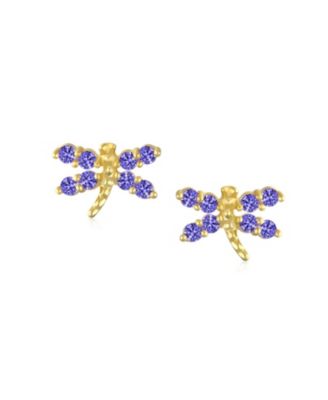 Tiny CZ Dragonfly Firefly Butterfly Stud Earrings 14K Yellow Gold Screw back