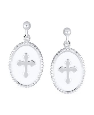 Christian Religious Spiritual White Enamel Oval Fleur De Lis Dangle Cross Earrings Sterling Silver
