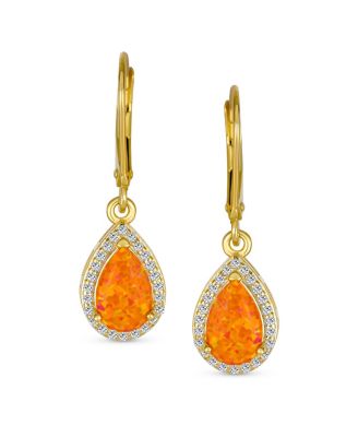 Solitaire Teardrop Created Opal Halo Cubic Zirconia CZ Drop Earrings Lever Back Gold Plated Sterling Silver