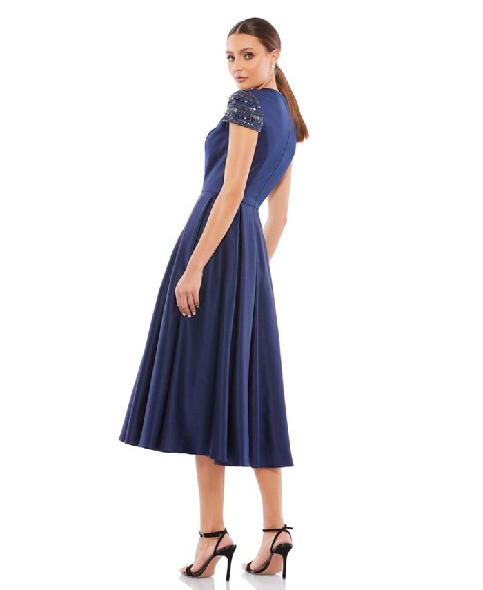 Mac Duggal Women's Ieena High Neck Cap Sleeve Tea Length Dress - Macy's