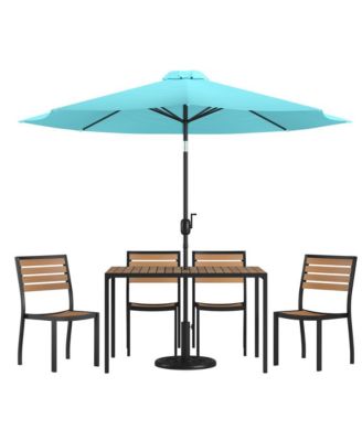 Calle 7 Piece Outdoor Faux Teak Poly Slat Outdoor Furniture Set - Table, 4 Chairs And Patio Umbrella And Base