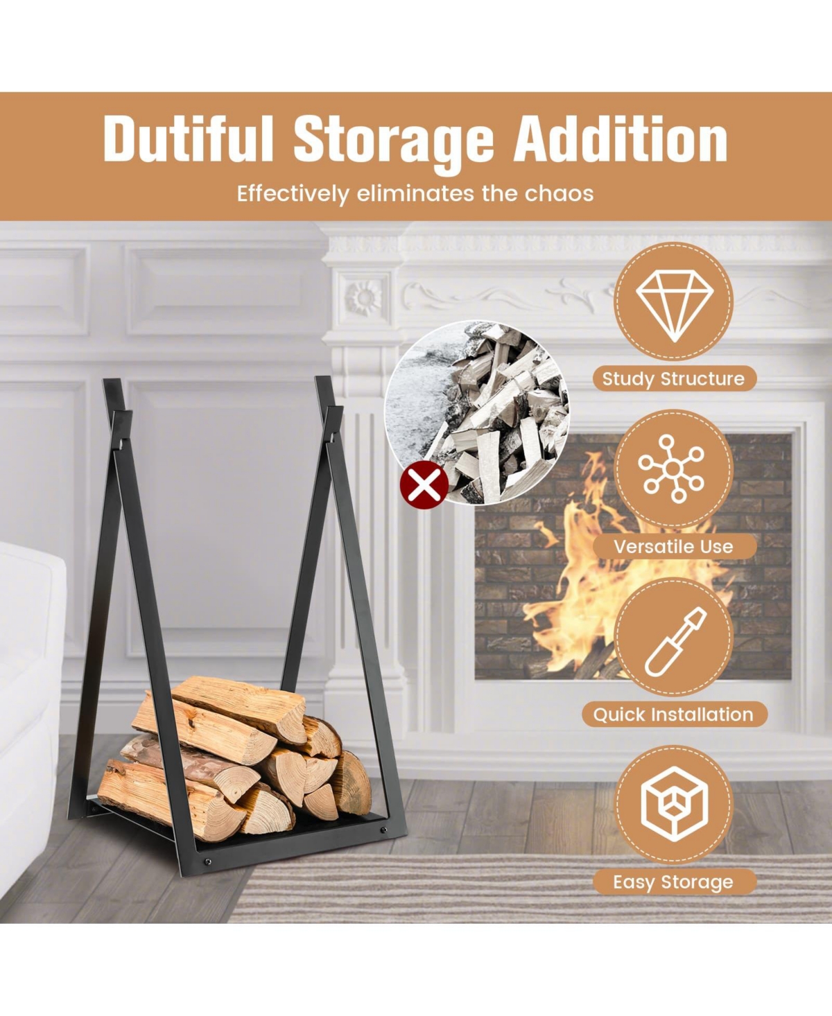 Triangle Firewood Rack with Raised Base for Fireplace Fire Pit- Black