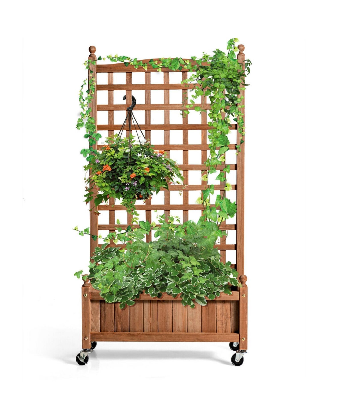 50 Inch Wood Planter Box with Trellis Mobile Raised Bed for Climbing Plant - Brown
