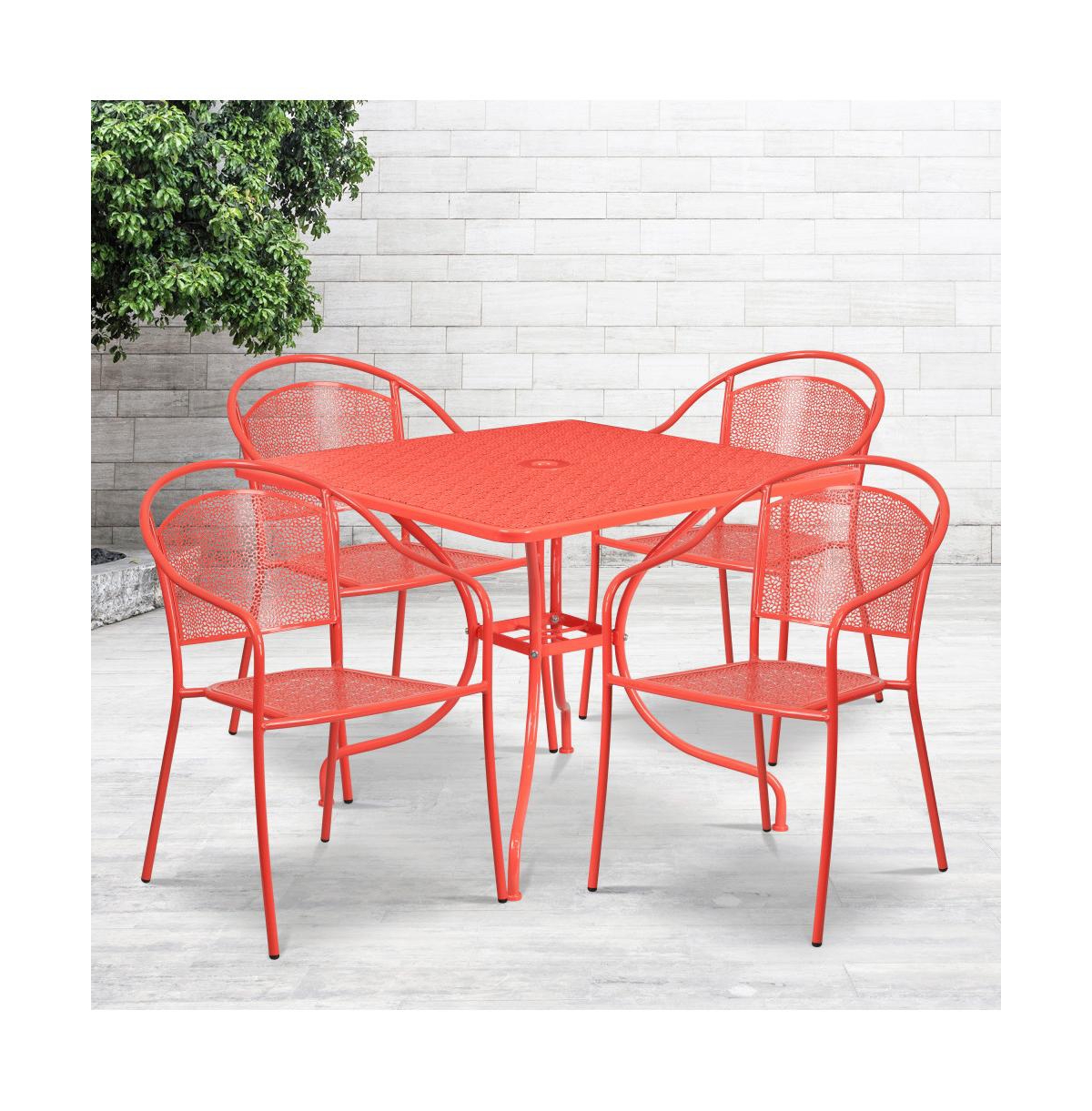 Emma+Oliver Commercial Square Metal Garden Patio Table Set W/ 4 Round Back Chairs