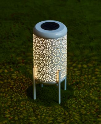 14.25" H Metal Cutout Flower Pattern Solar Powered LED Outdoor Lantern with Stand