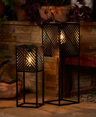 23.75" H, 17.75" H Set of 2 Metal Stripes Geometric Solar Powered Edison Bulb Outdoor Floor Lantern or Planter Stands