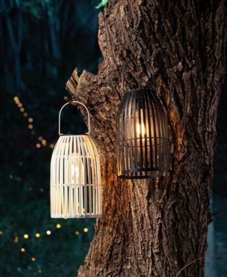 9.75" H Set of 2 Metal Stripes Solar Powered Edison Bulb Outdoor Hanging Lantern