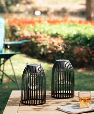 9.75" H Set of 2 Metal Stripes Solar Powered Edison Bulb Outdoor Hanging Lantern