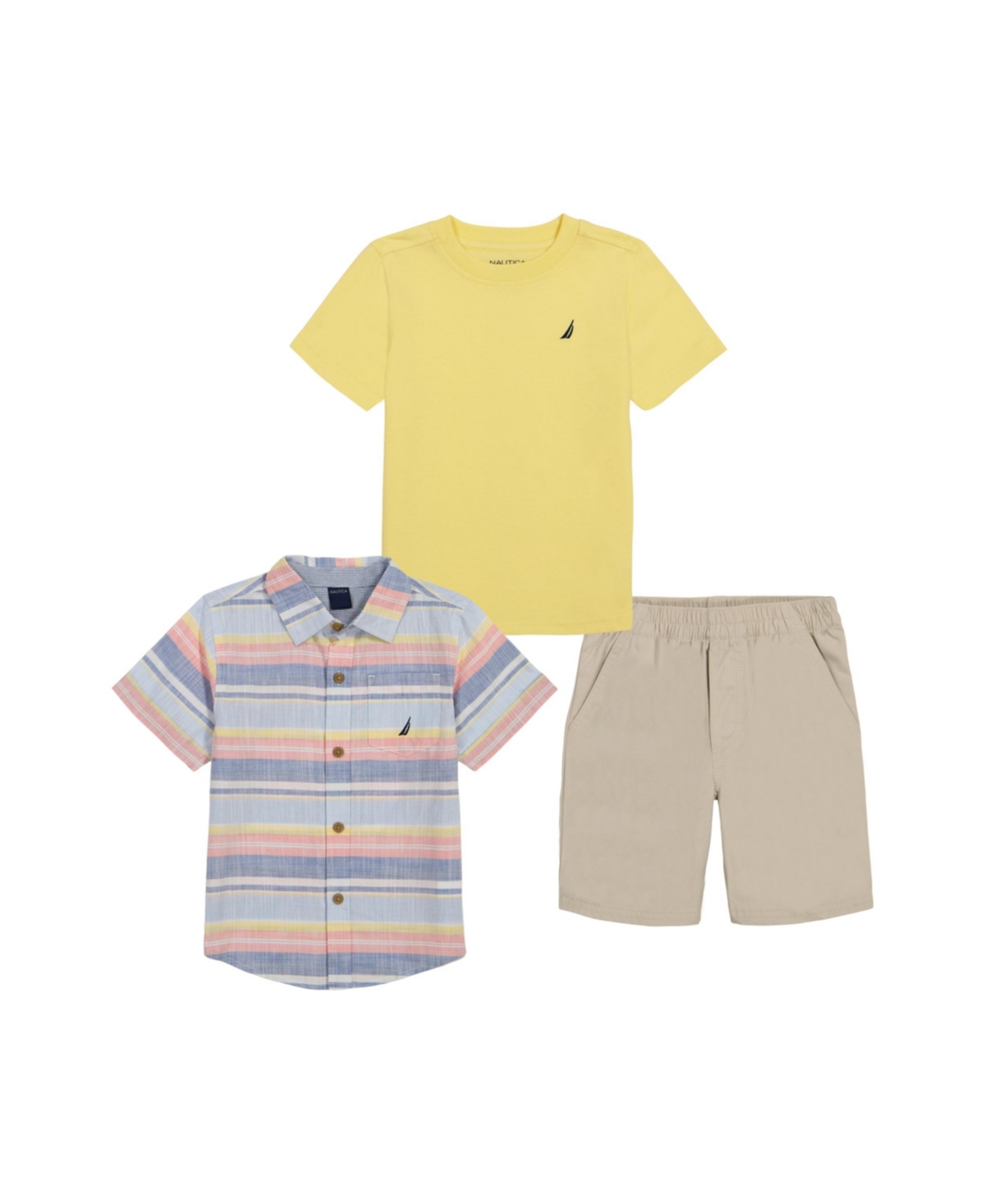Nautica Kids' Little Sizes Boys Short Sleeve T-shirt, Multi-stripe Gauze Shirt And Twill Shorts, 3 Pc Set In Yellow,blue
