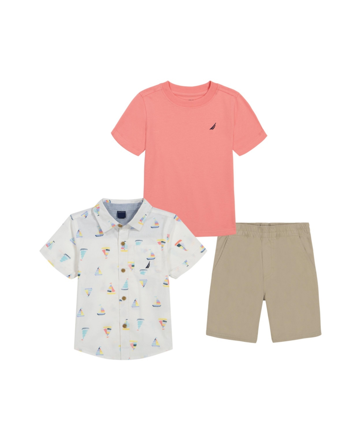 Nautica Kids' Little Boys Short Sleeve T-shirt, Printed Poplin Shirt And Twill Shorts, 3 Pc Set In Multi,khaki