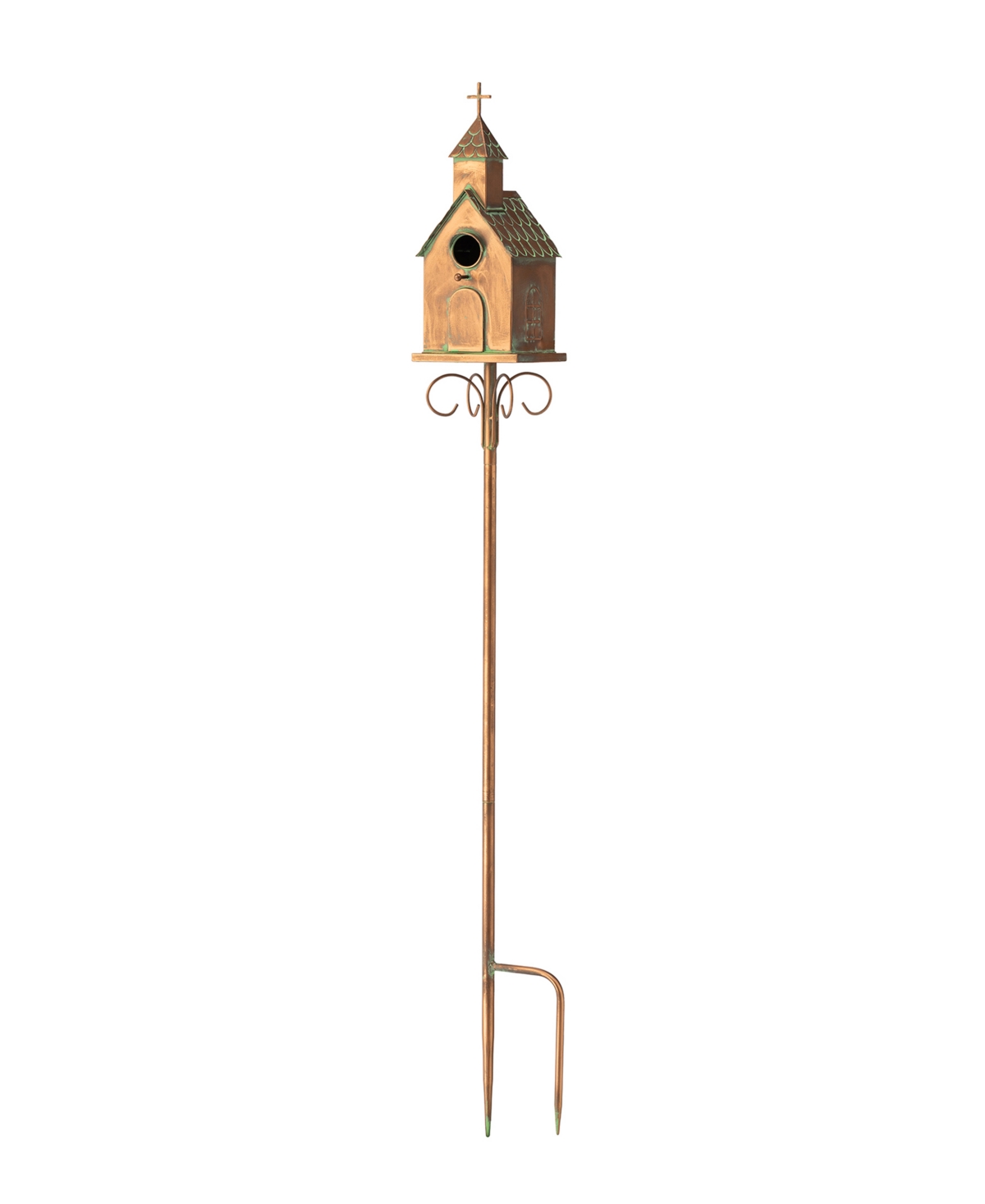 53"H Farmhouse Faux Copper Distressed Metal Church Outdoor Decorative Garden Birdhouse with Stake - Multi