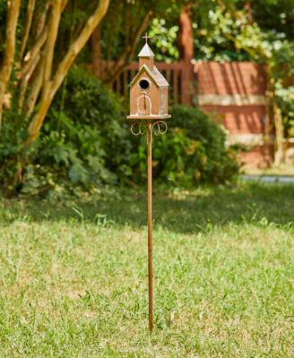 53"H Farmhouse Faux Copper Distressed Metal Church Outdoor Decorative Garden Birdhouse with Stake