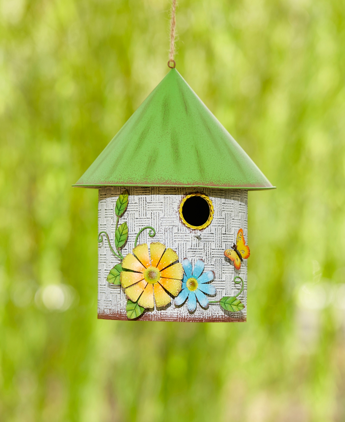 Glitzhome 11" H Stylish Distressed Metal Cottage Decorative Birdhouse With A Cluster Of 3d Flowers And Butterf In Multi