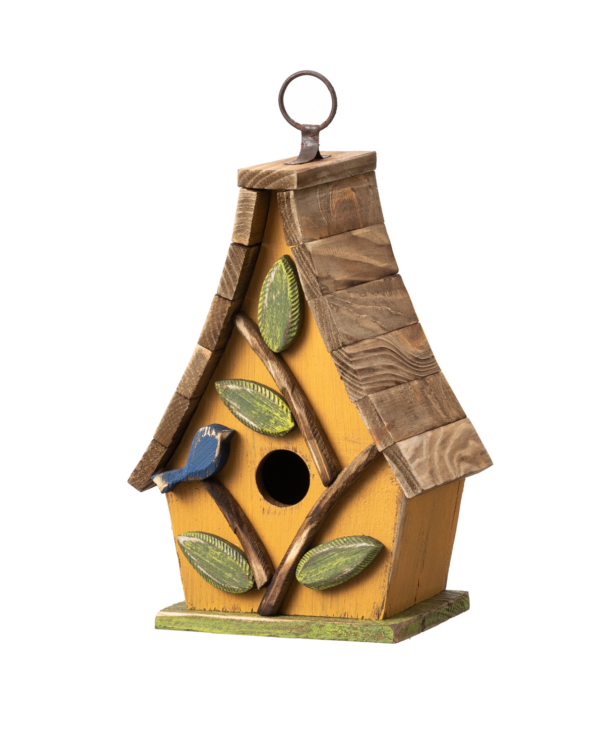 9.5" H Washed Yellow Distressed Solid Wood Decorative Outdoor Garden Birdhouse with Natural Wood Pallet Roof - Multi