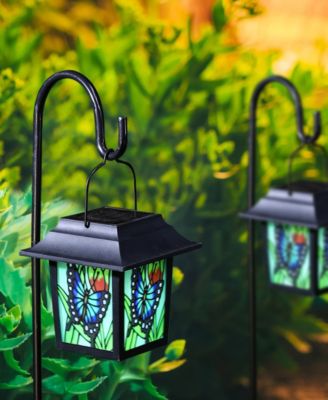 30" H Set of 2 Solar Powered Butterfly Scene Pattern Garden Lamp or Pathway Light with Ground Stake