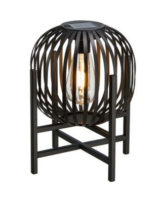 11.50" H Set of 2 Black Metal Stripes Solar Powered Edison Bulb Outdoor Lantern with Stand