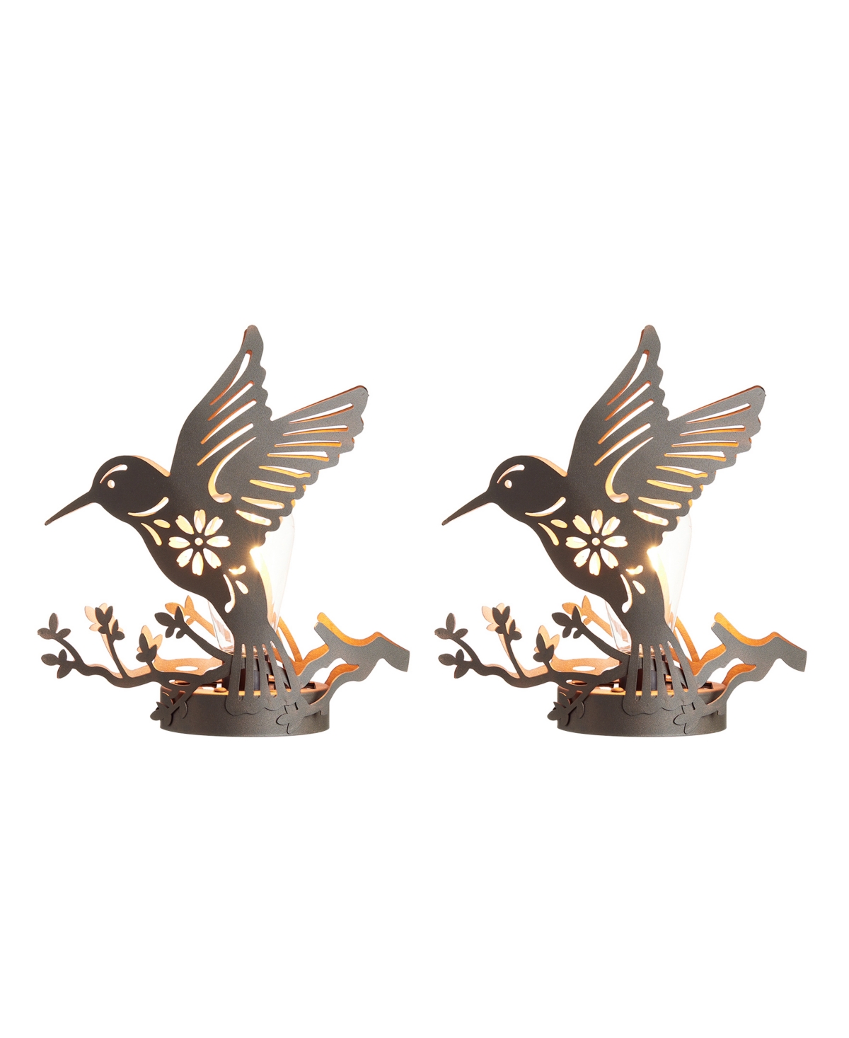 9.75" H Set of 2 Black and Gold-Tone Metal Cutout Flying Hummingbird Silhouette Solar Powered Edison Bulb Outdoor Lantern - Multi