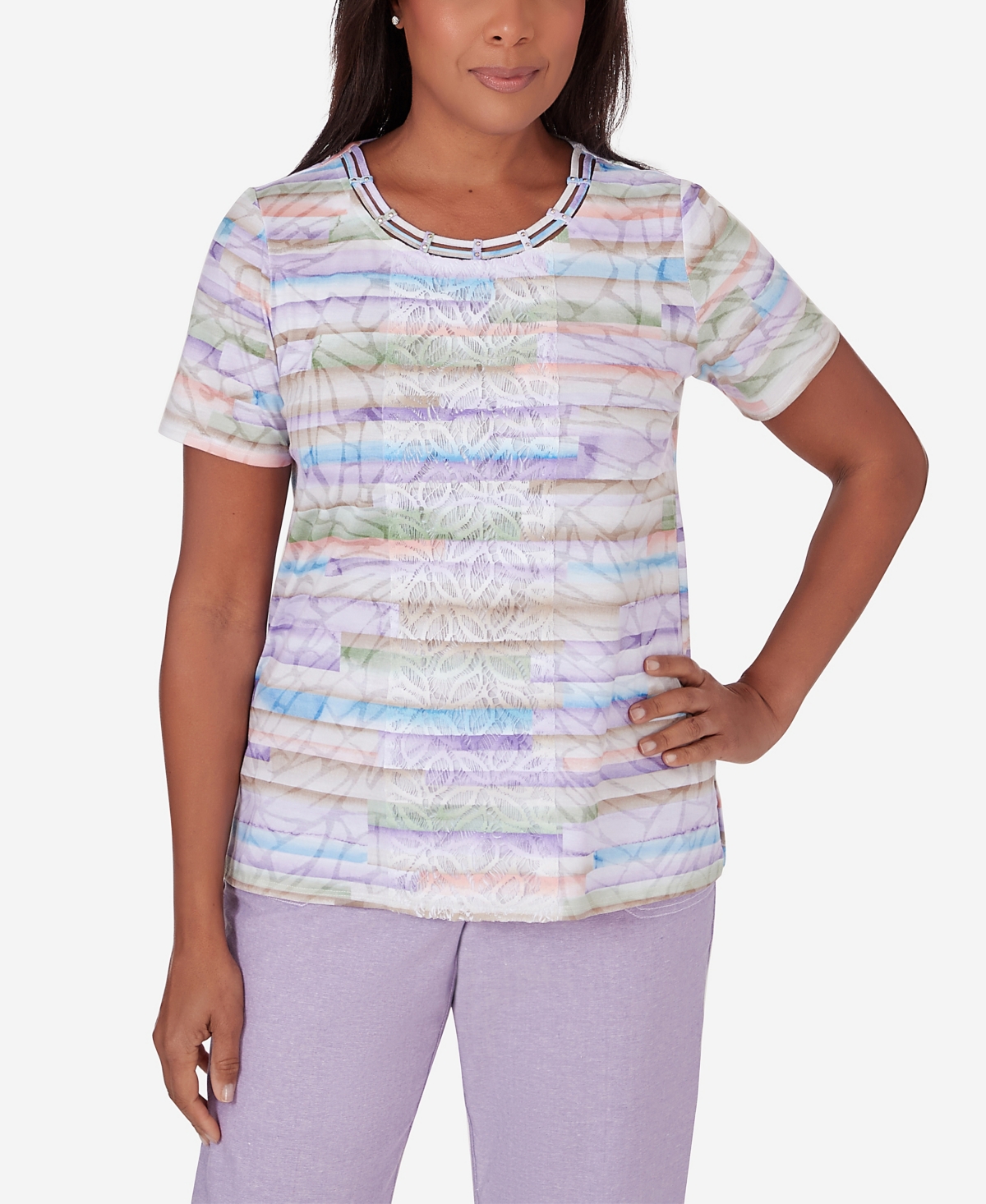 Shop Alfred Dunner Women's Garden Party Watercolor Striped Crewneck Top In Multi
