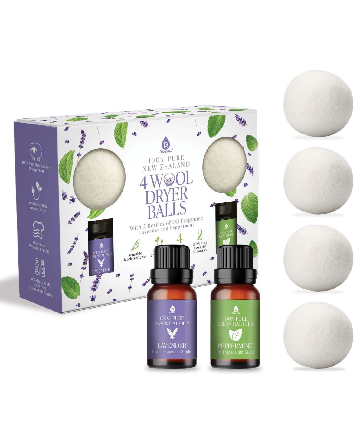 Wool Dryer Balls Bundle - Reusable Laundry Balls Made from Pure New Zealand Wool - Includes Lavender & Peppermint Oils. - Open Miscellaneous