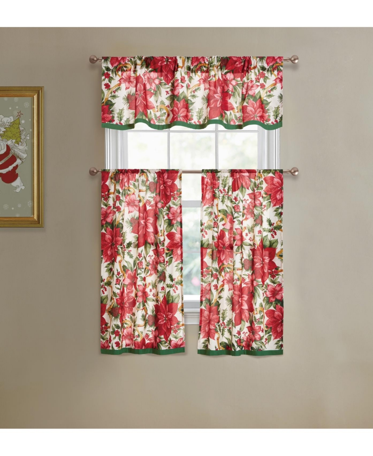 Holiday Living Classic Poinsettia Complete 3 Pc. Christmas Kitchen Curtain Tier & Valance Set - Red