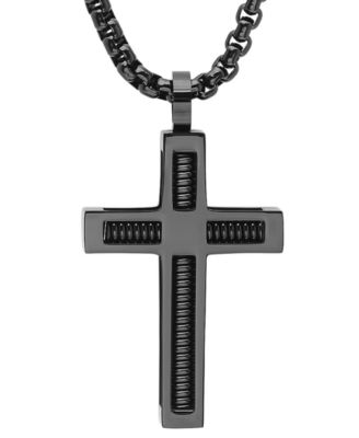 Men's Black IP Stainless Steel Spring Inlay Cross 24" Pendant Necklace