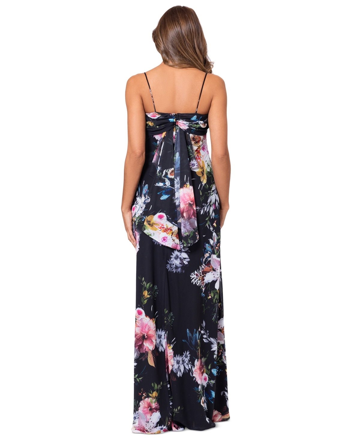 Shop Betsy & Adam Petite Floral-print Drape-neck Gown In Black Multi