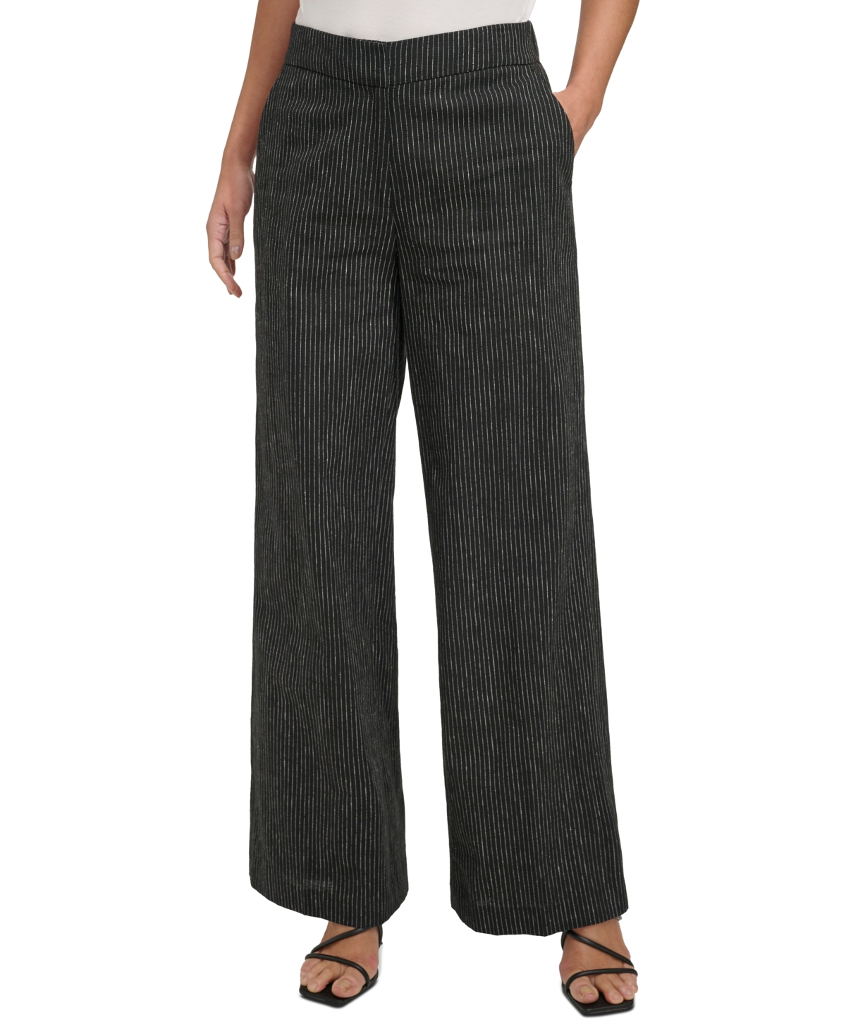Shop Dkny Women's Pinstriped Full-length Wide-leg Pants In Black,ivory