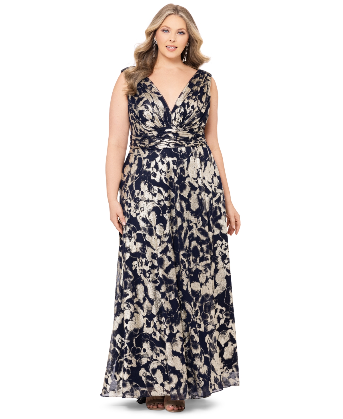 Shop Betsy & Adam Plus Size Metallic-print Gown In Navy,gold