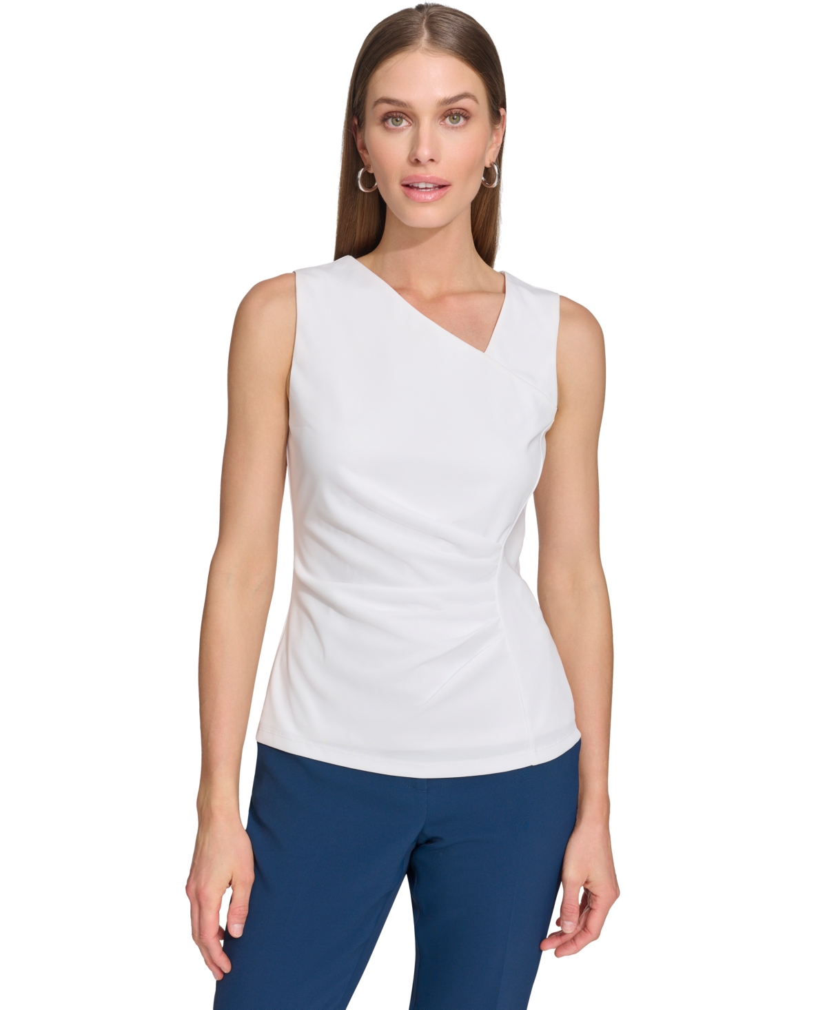 Dkny Women's Asymmetrical-neck Ruched Sleeveless Top In White