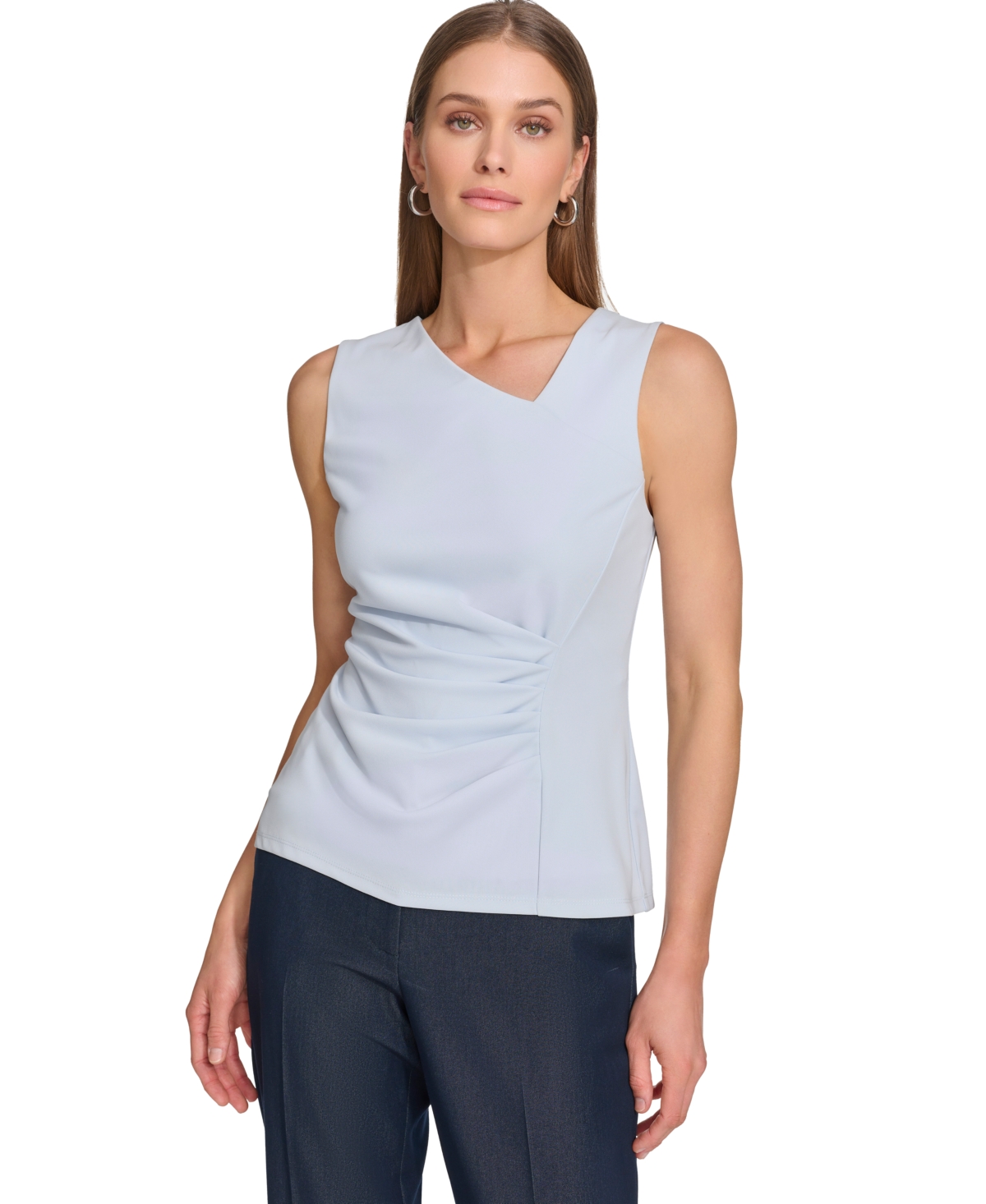 Shop Dkny Women's Asymmetrical-neck Ruched Sleeveless Top In Frost Blue