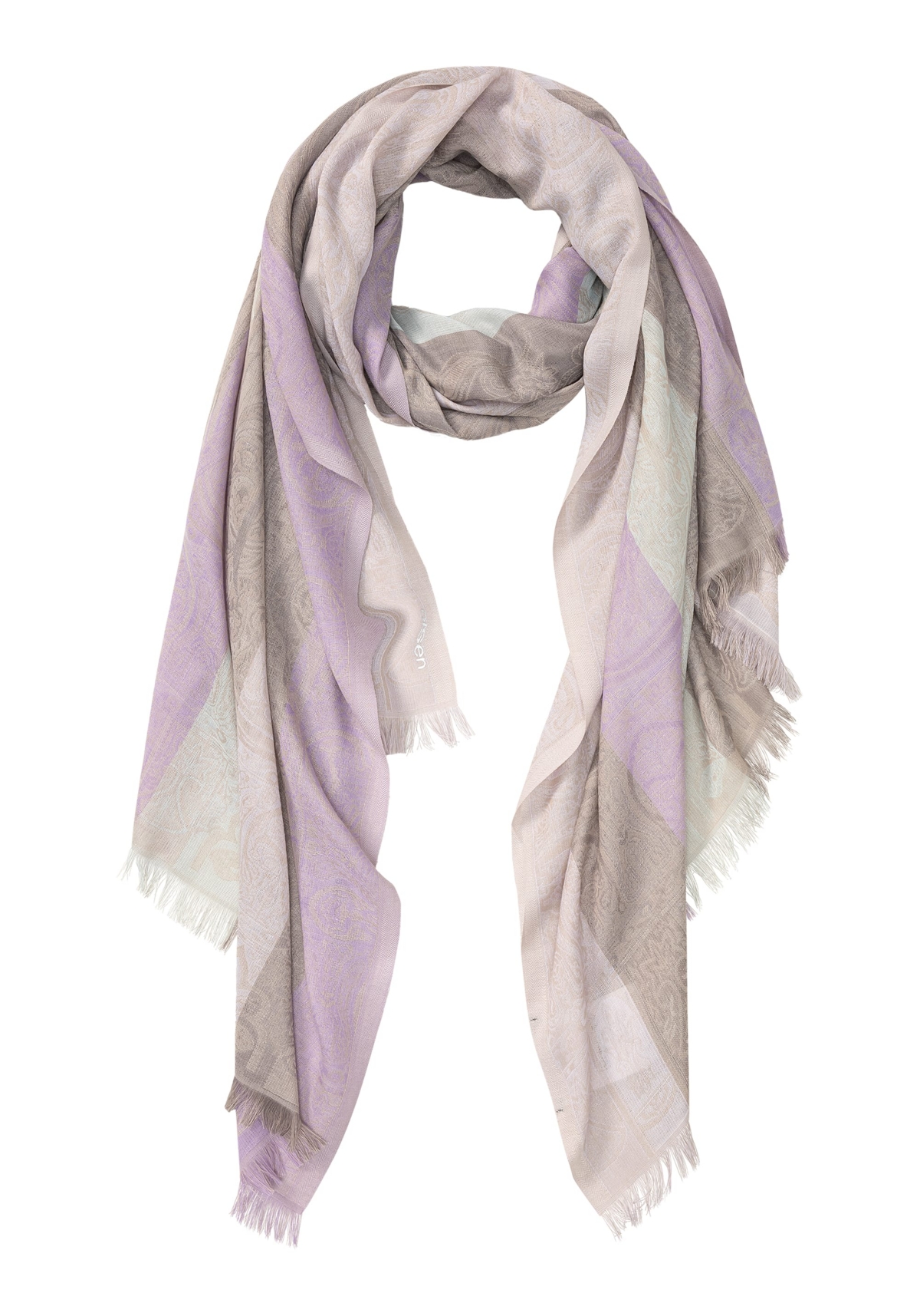 Woven Paisley Mid-Size Scarf with Frayed Edge Trim - Dark orchid