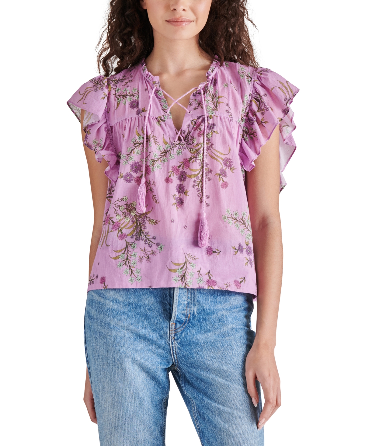 Shop Steve Madden Women's Bellamy Cotton Voile Flutter-sleeve Top In Purple
