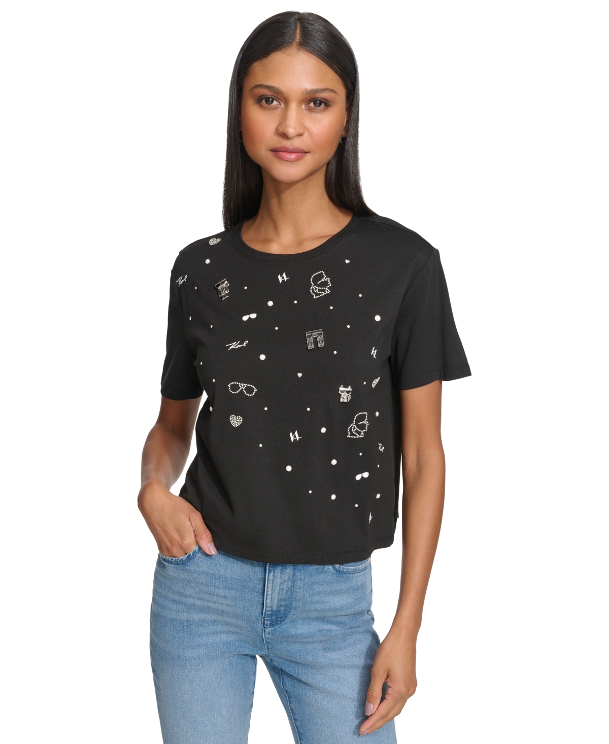 Karl Lagerfeld Women's Embellished Crewneck Short-sleeve T-shirt In Black