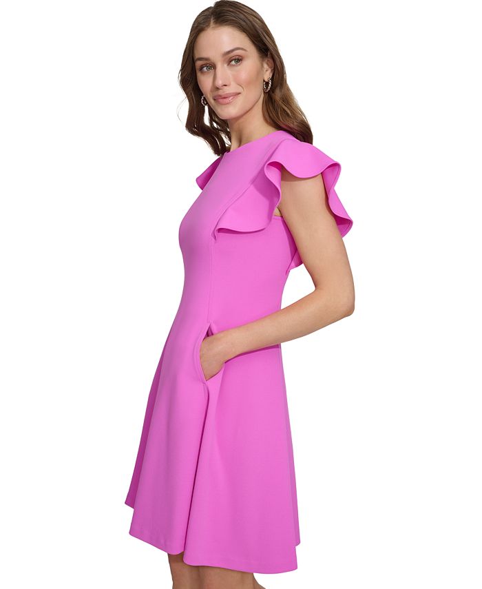DKNY Petite Flutter-Sleeve Seamed Fit & Flare Dress - Macy's