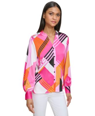 KARL LAGERFELD PARIS - Women's Printed Blouson-Sleeve Button-Down Shirt