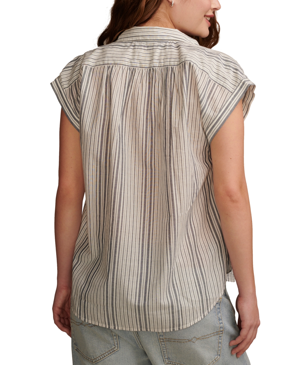 Shop Lucky Brand Women's Cotton Striped Collared Popover Blouse In Natural,blue Stripe