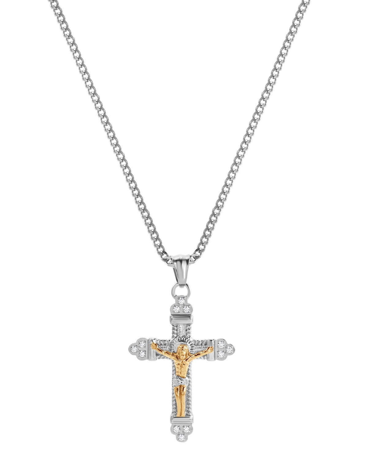 Men's Cubic Zirconia Two-Tone Crucifix Cross 24" Pendant Necklace in Stainless Steel & Gold-Tone Ion-Plate - Steel