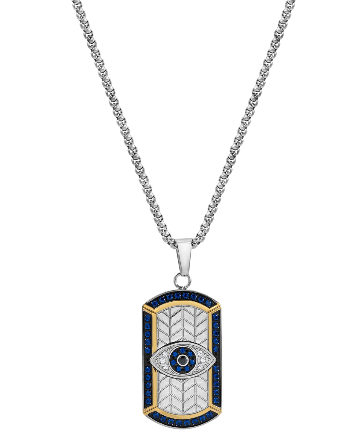 Multicolor Cubic Zirconia Evil Eye Dog Tag 24" Pendant Necklace in Sterling Silver and Black- & Gold-Tone Ion-Plate - Steel