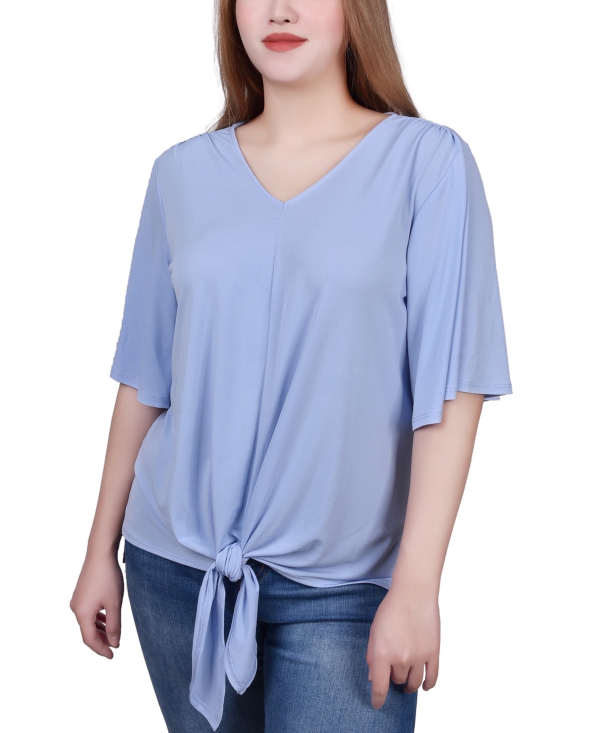 Petite Elbow Sleeve Tie-Front Top - Blue Heron