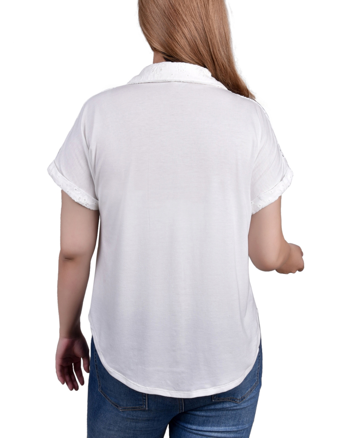 Ny Collection Petite Short Sleeve Eyelet Knit Back Blouse In White