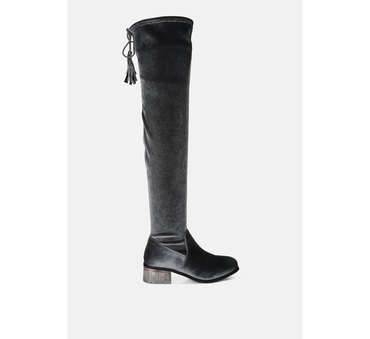 rumple velvet over the knee clear heel boots - Grey