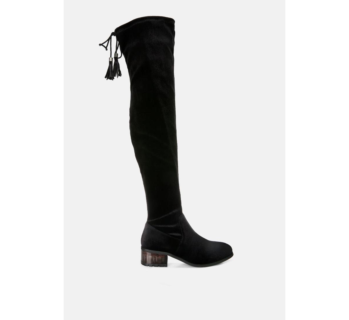 rumple velvet over the knee clear heel boots - Grey