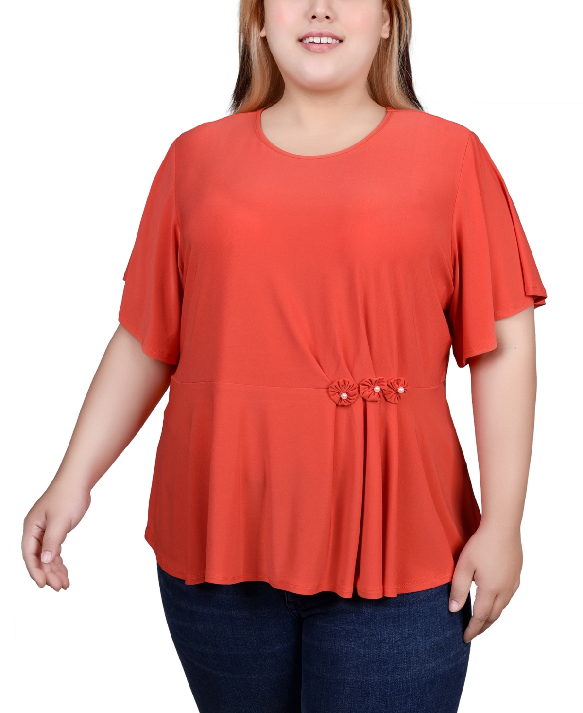 Ny Collection Plus Size Flutter Sleeve Flower-Detail Top