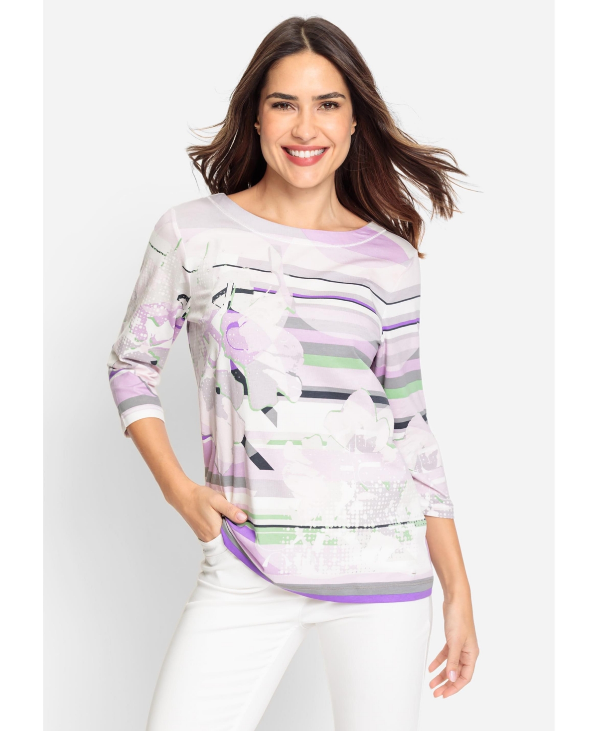 Cotton Blend 3/4 Sleeve Multi-Print T-Shirt - Soft lilac
