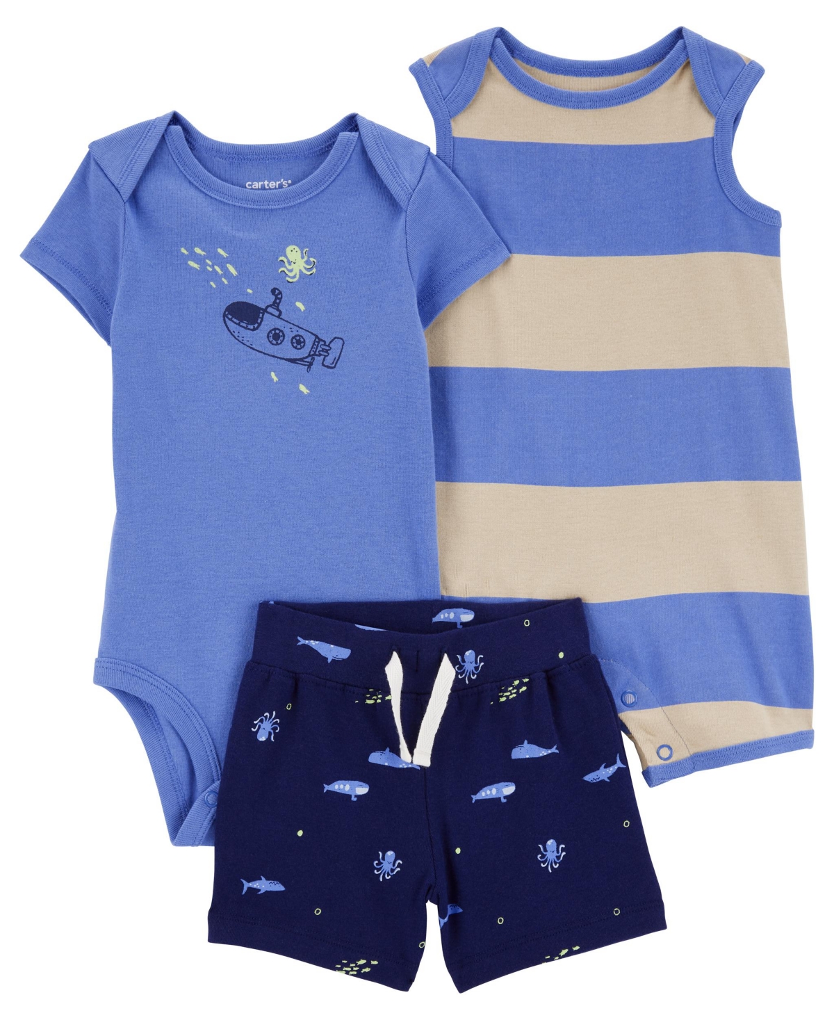 Shop Carter's Baby Boys Bodysuit, Shorts, And Romper, 3 Piece Set In Blue