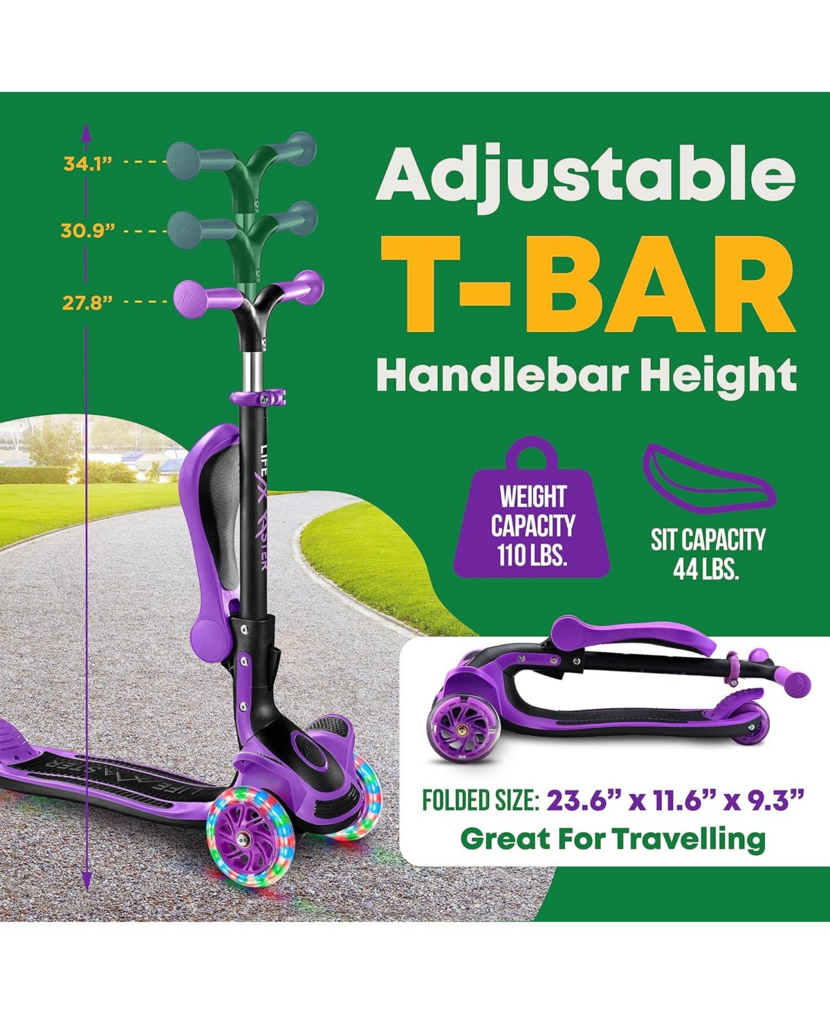Lifemaster Kids Scooter – Foldable Seat – Led Wheel Lights Illuminate When Rolling – Children and Toddler 3 Wheel Kick Scooter &#