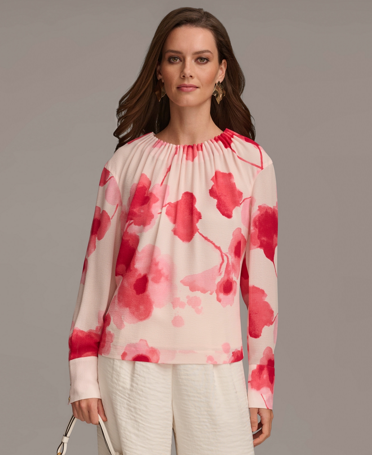 Donna Karan Women's Floral-print Shirred Blouse In Rose Quartz