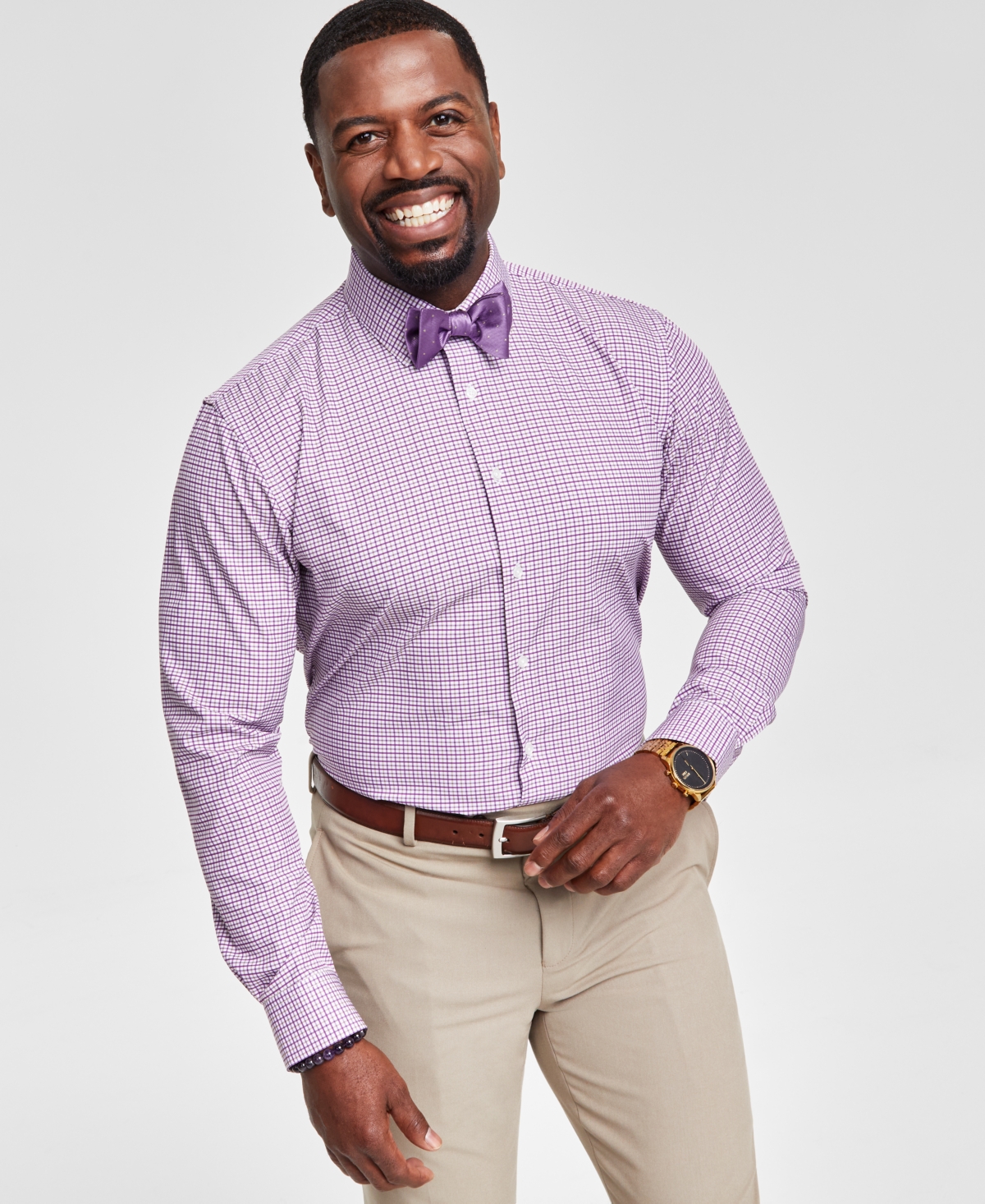 Shop Tayion Collection Men's Slim-fit Plaid Dress Shirt In White Purple Gold