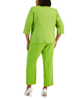 Plus Size Linen-Blend Jacket, Printed Tie-Front Blouse & Pants