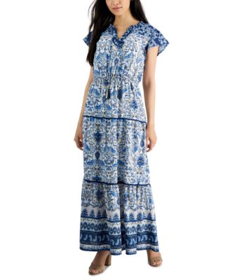 Tinsel - Petite Mixed-Print Flutter-Sleeve Tiered Maxi Dress